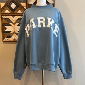 PARKE Fleece Varsity Mockneck in Teal Blue Glacier + White size L/XL NEW
